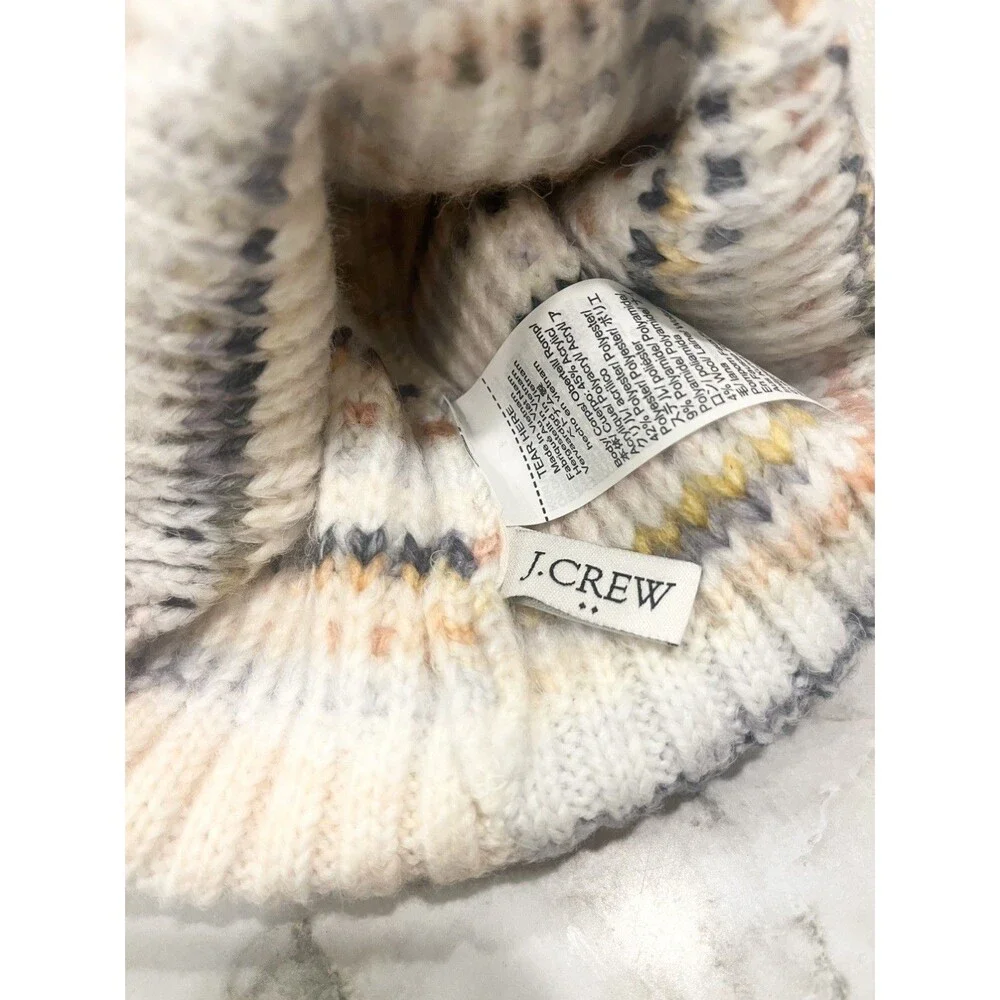 J.Crew Women’s Knit Beanie Hat Faux Fur Pom Pom Multicolor Striped Winter
